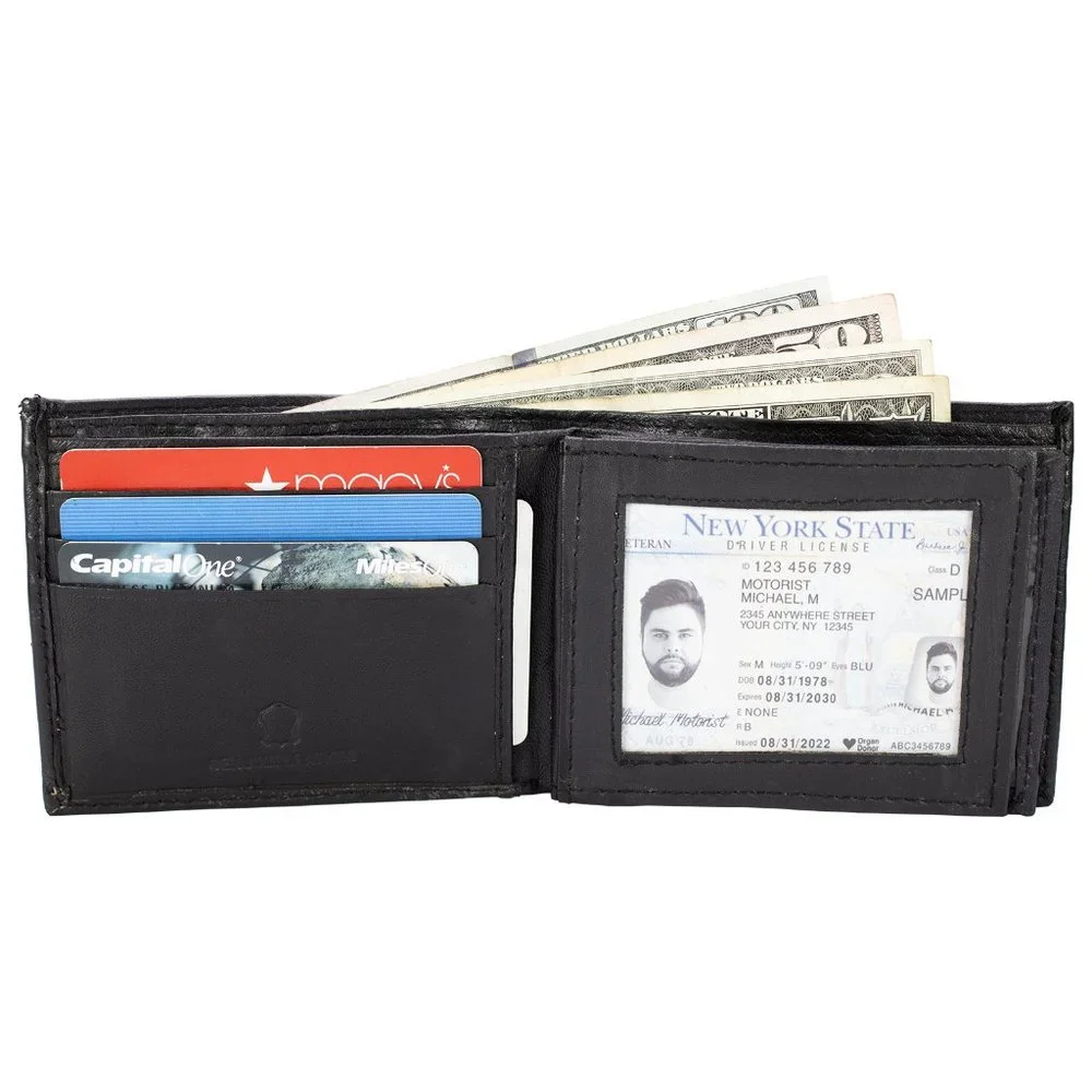 Men Lambskin Leather Wallet with Bifold 2 Center Flap, Black